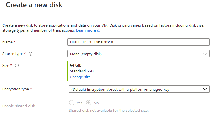 Selecting the disk size and encryption methods in azure