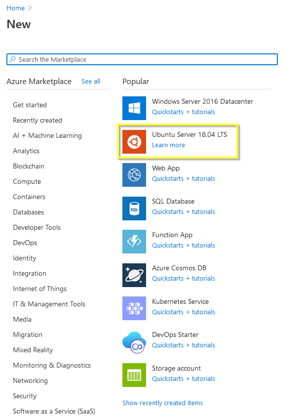 Selecting from the Azure Marketplace 