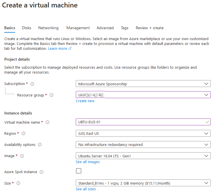 Creating a virtual machine using the marketplace selection