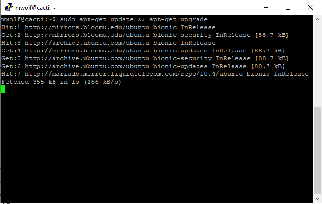 SSH session of a ubuntu virtual machine going through updates.